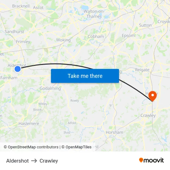 Aldershot to Crawley map