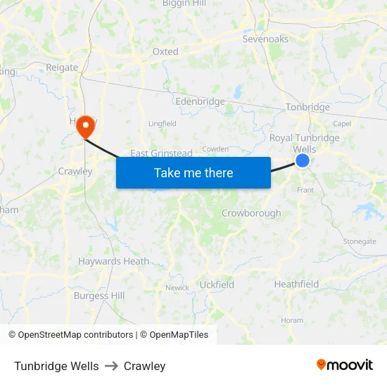 Tunbridge Wells to Crawley map