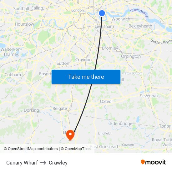 Canary Wharf to Crawley map