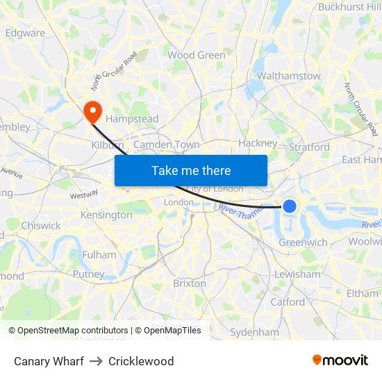 Canary Wharf to Cricklewood map