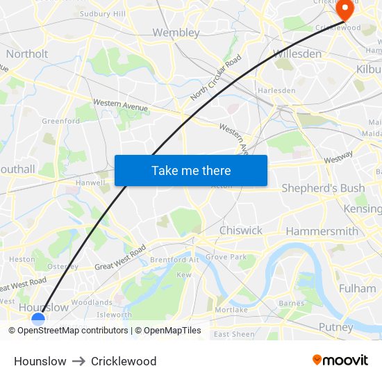 Hounslow to Cricklewood map