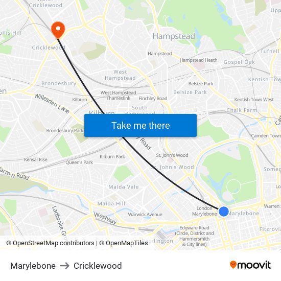 Marylebone to Cricklewood map