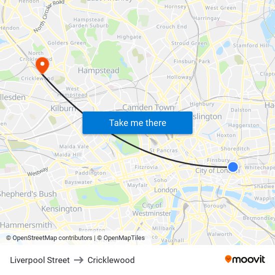 Liverpool Street to Cricklewood map