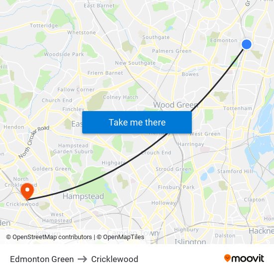 Edmonton Green to Cricklewood map