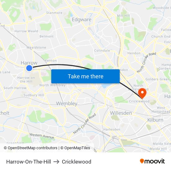 Harrow-On-The-Hill to Cricklewood map