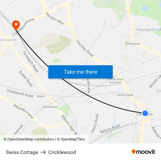 Swiss Cottage to Cricklewood map