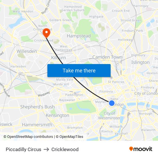 Piccadilly Circus to Cricklewood map