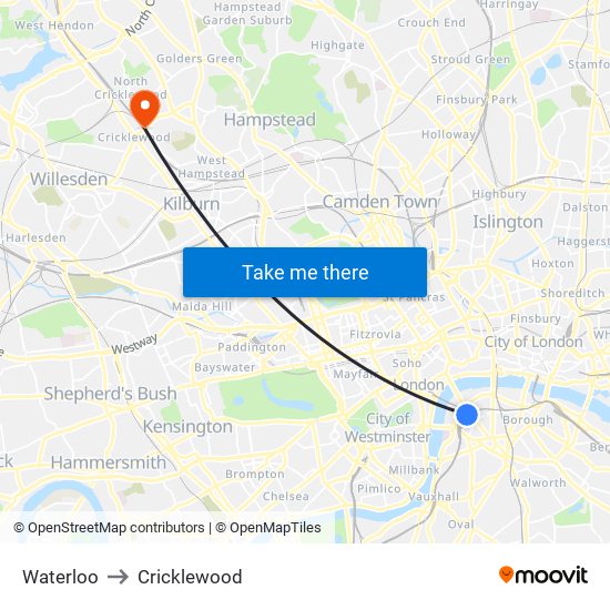 Waterloo to Cricklewood map