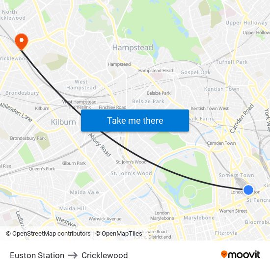 Euston Station to Cricklewood map