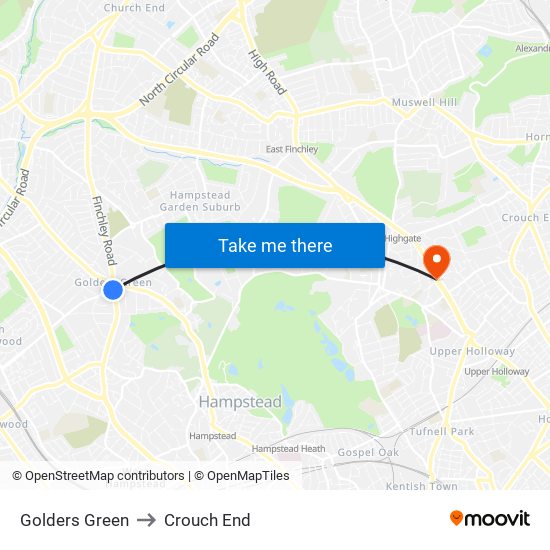 Golders Green to Crouch End map