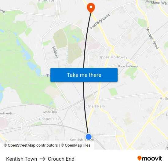 Kentish Town to Crouch End map