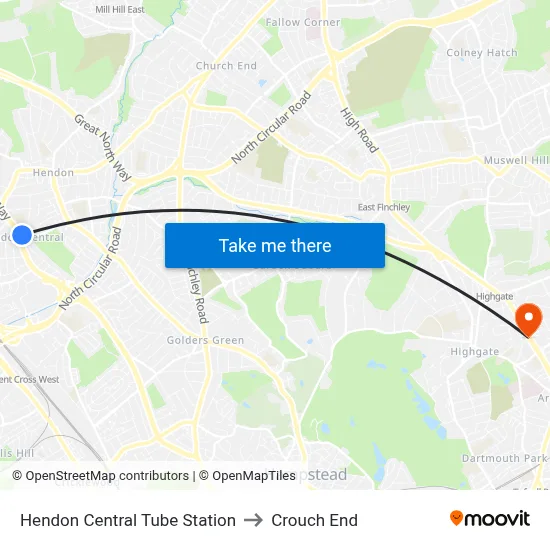 Hendon Central Tube Station to Crouch End map