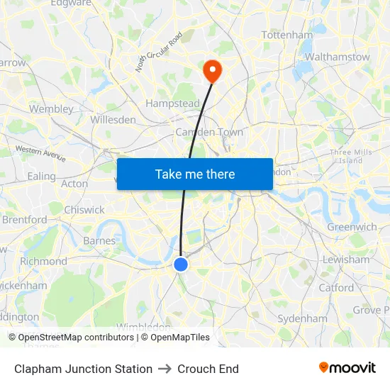 Clapham Junction Station to Crouch End map