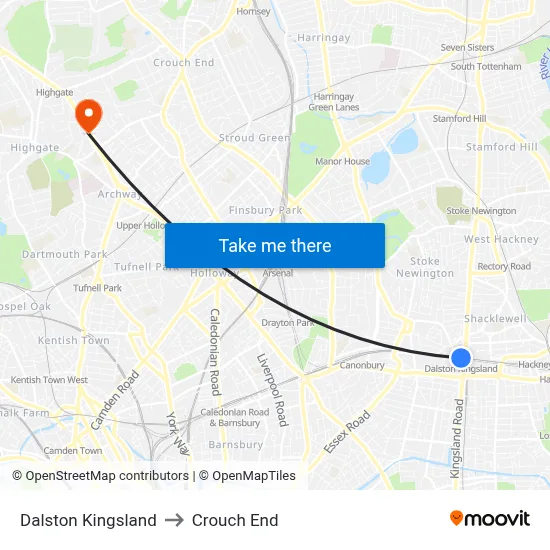 Dalston Kingsland to Crouch End map