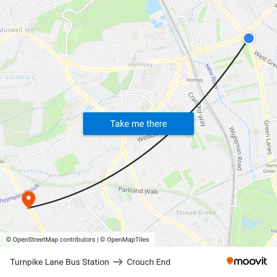 Turnpike Lane Bus Station to Crouch End map