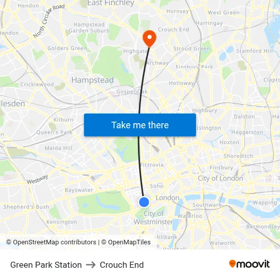 Green Park Station to Crouch End map