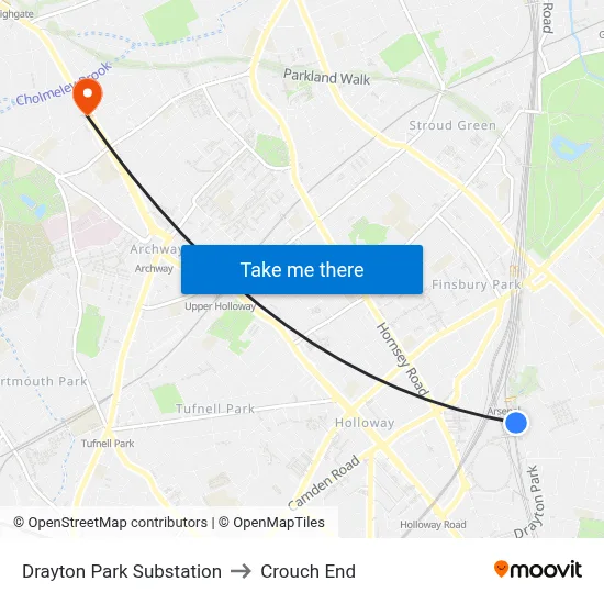 Drayton Park Substation to Crouch End map
