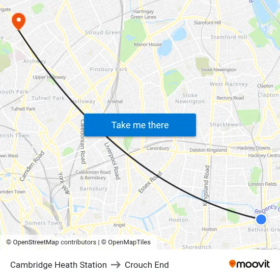 Cambridge Heath Station to Crouch End map
