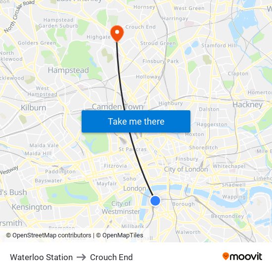 Waterloo Station to Crouch End map