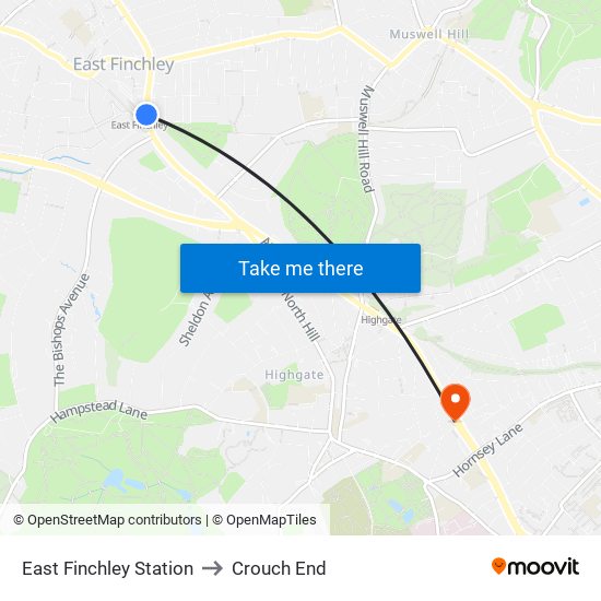 East Finchley Station to Crouch End map