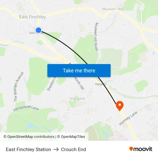 East Finchley Station to Crouch End map