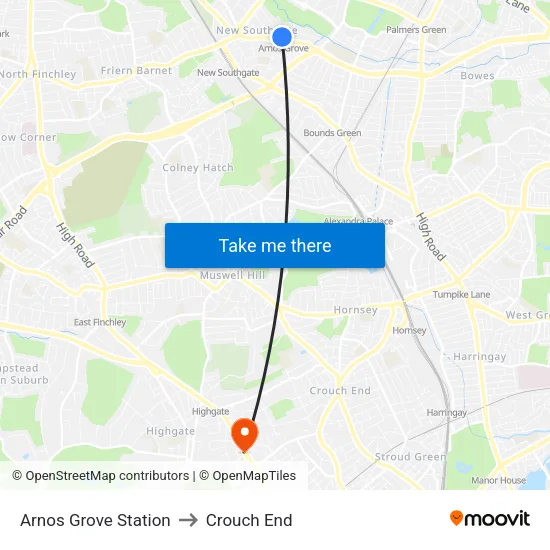 Arnos Grove Station to Crouch End map