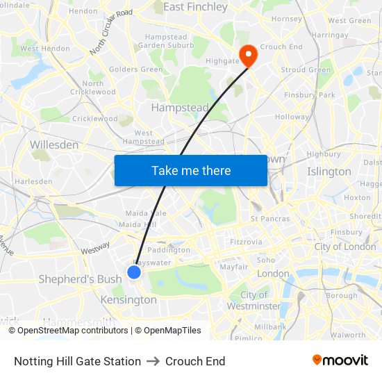 Notting Hill Gate Station to Crouch End map