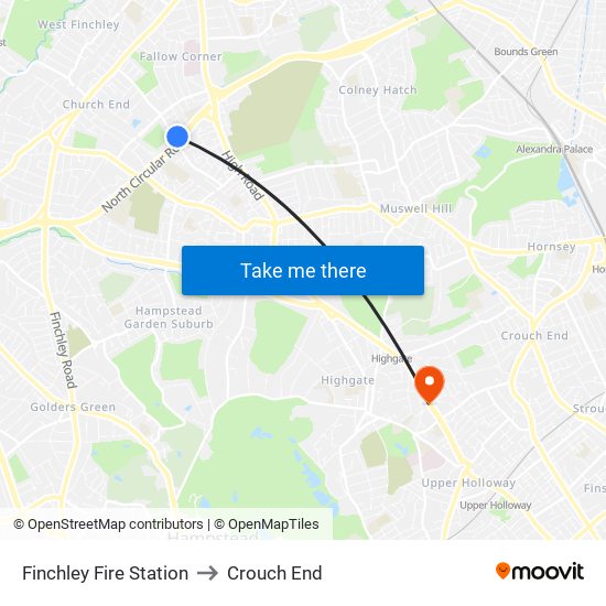 Finchley Fire Station to Crouch End map