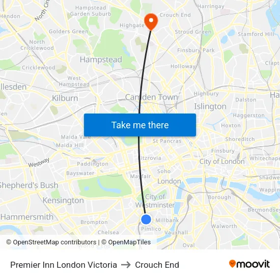 Premier Inn London Victoria to Crouch End map