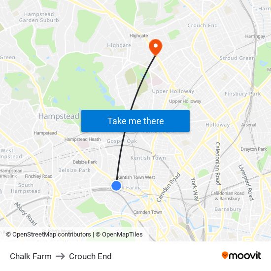 Chalk Farm to Crouch End map