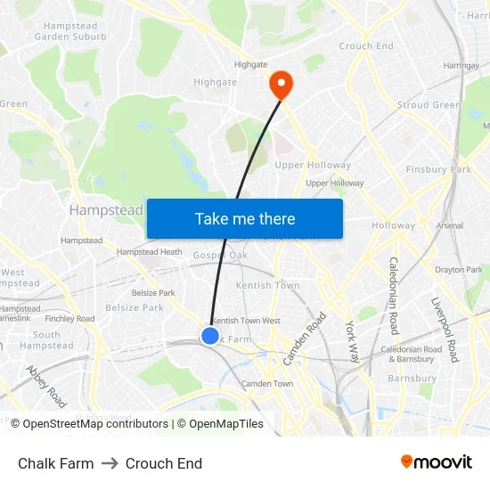 Chalk Farm to Crouch End map