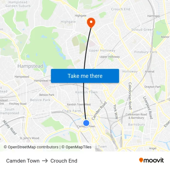 Camden Town to Crouch End map