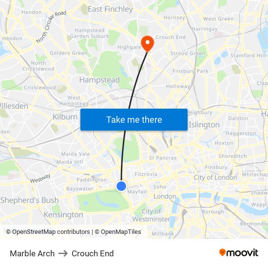 Marble Arch to Crouch End map