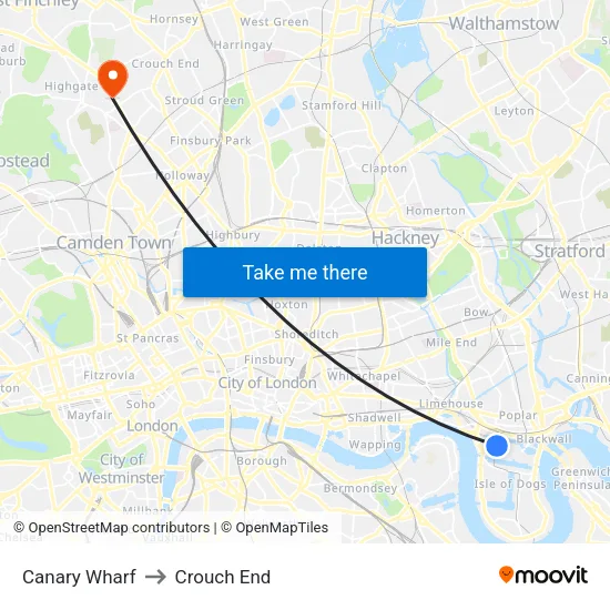 Canary Wharf to Crouch End map