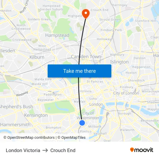 London Victoria to Crouch End map
