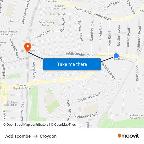 Addiscombe to Croydon map