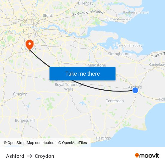 Ashford to Croydon map