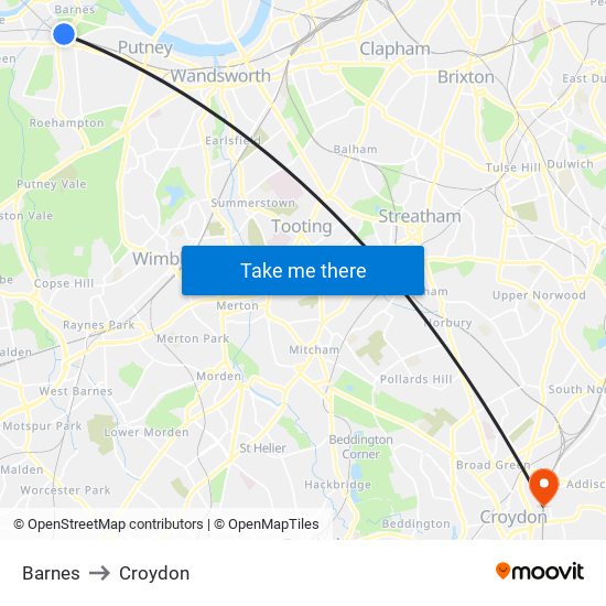 Barnes to Croydon map