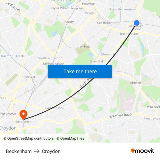 Beckenham to Croydon map