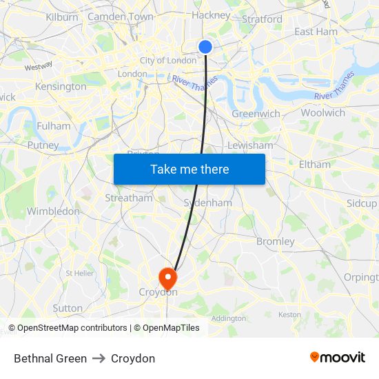 Bethnal Green to Croydon map