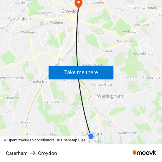 Caterham to Croydon map