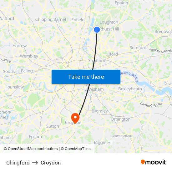 Chingford to Croydon map