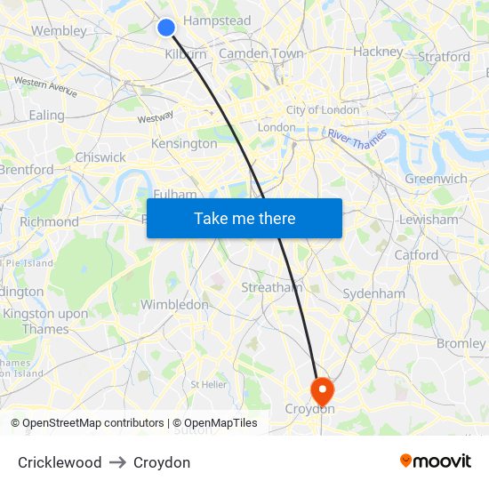 Cricklewood to Croydon map