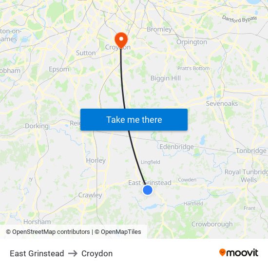 East Grinstead to Croydon map