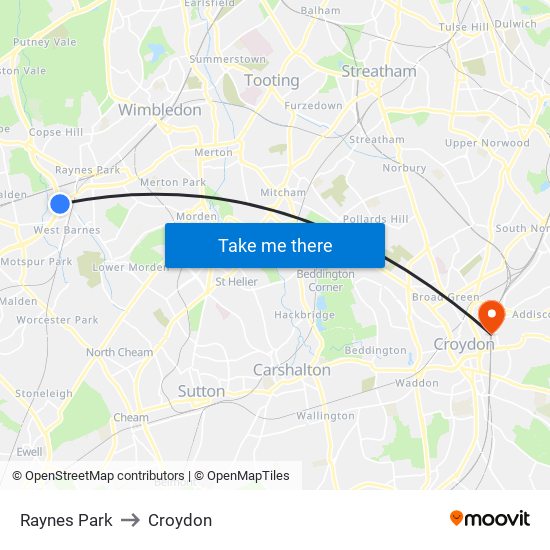 Raynes Park to Croydon map