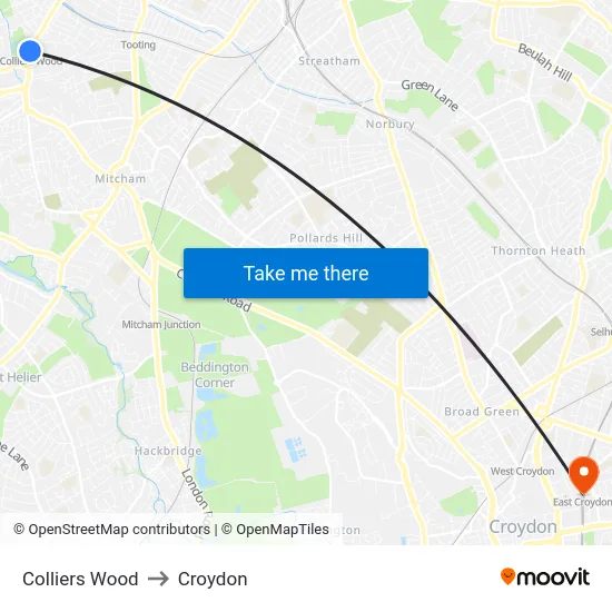 Colliers Wood to Croydon map