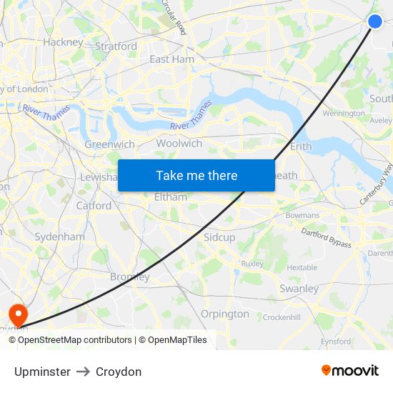 Upminster to Croydon map