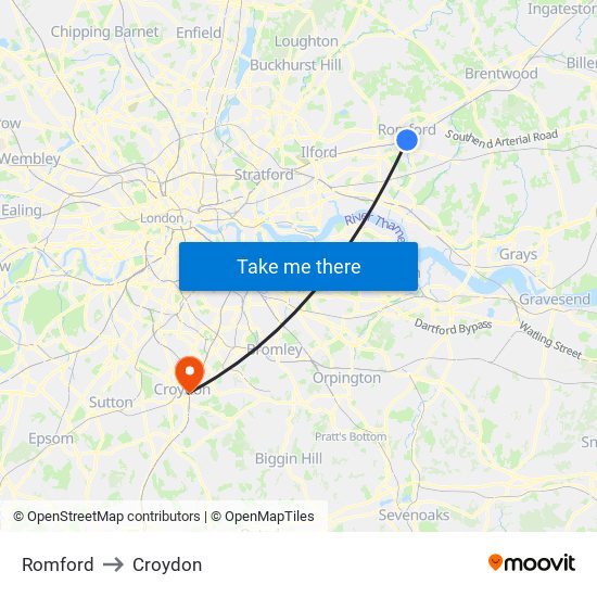 Romford to Croydon map