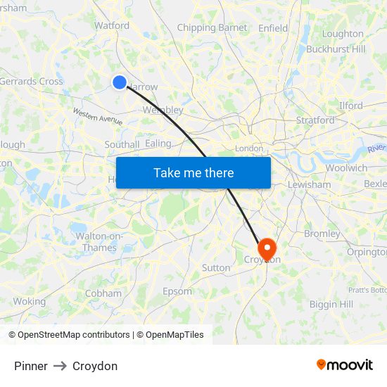 Pinner to Croydon map