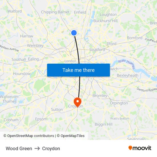 Wood Green to Croydon map